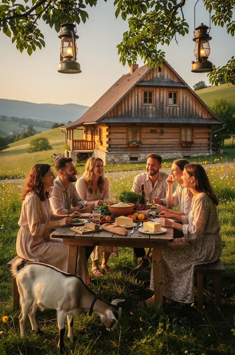 Vidiek v Slovensku s tradičnými domami a zelenými lúkami, ideálny pre plánovanie prírodných retreatov a zážitkov na vidieku.